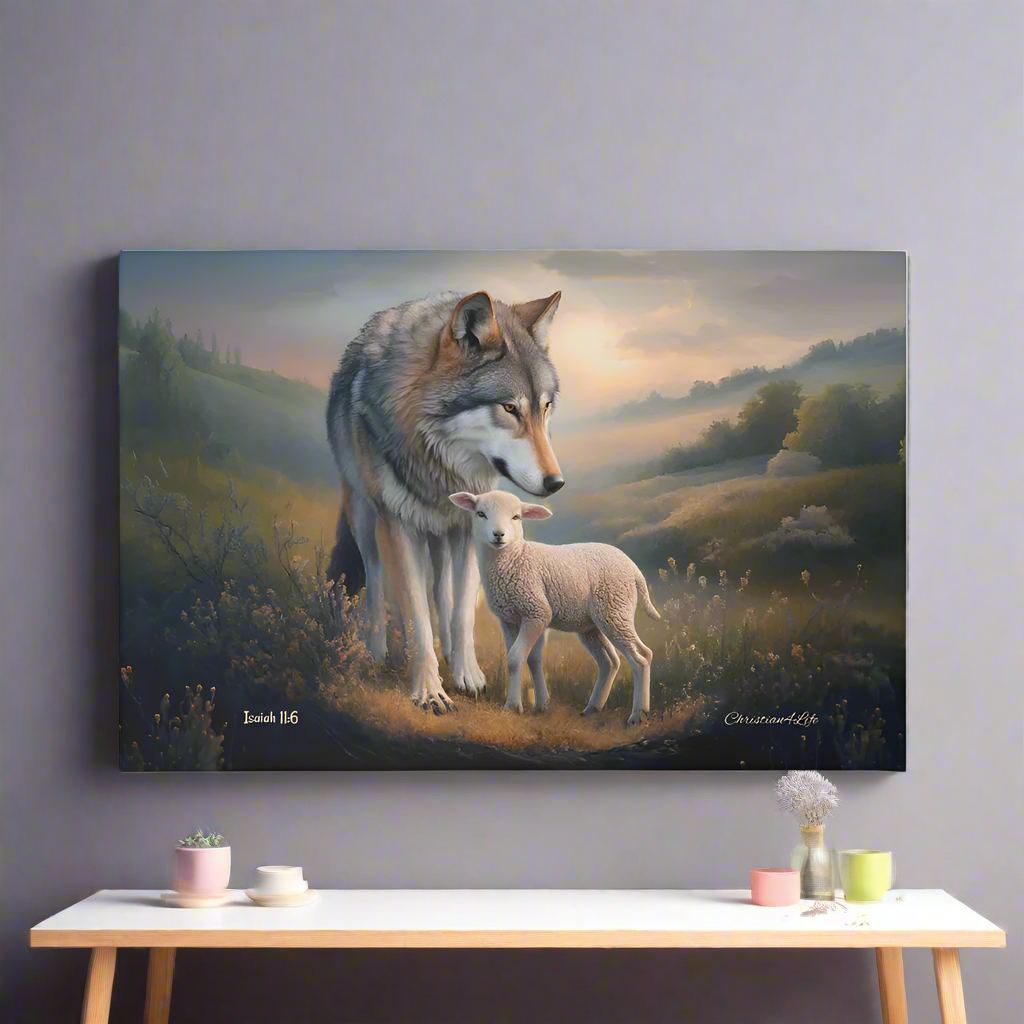 Wolf and Lamb Christian Wall Art Gallery Wrapped Canvas Isaiah 11:6 - Canvas