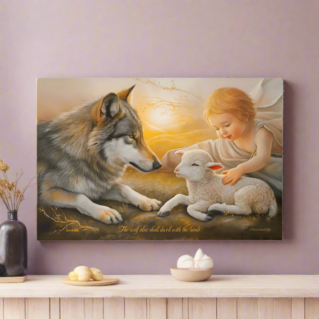 Wolf Lamb and Child Gallery Wrapped Christian Wall Art Canvas with Quote - Canvas