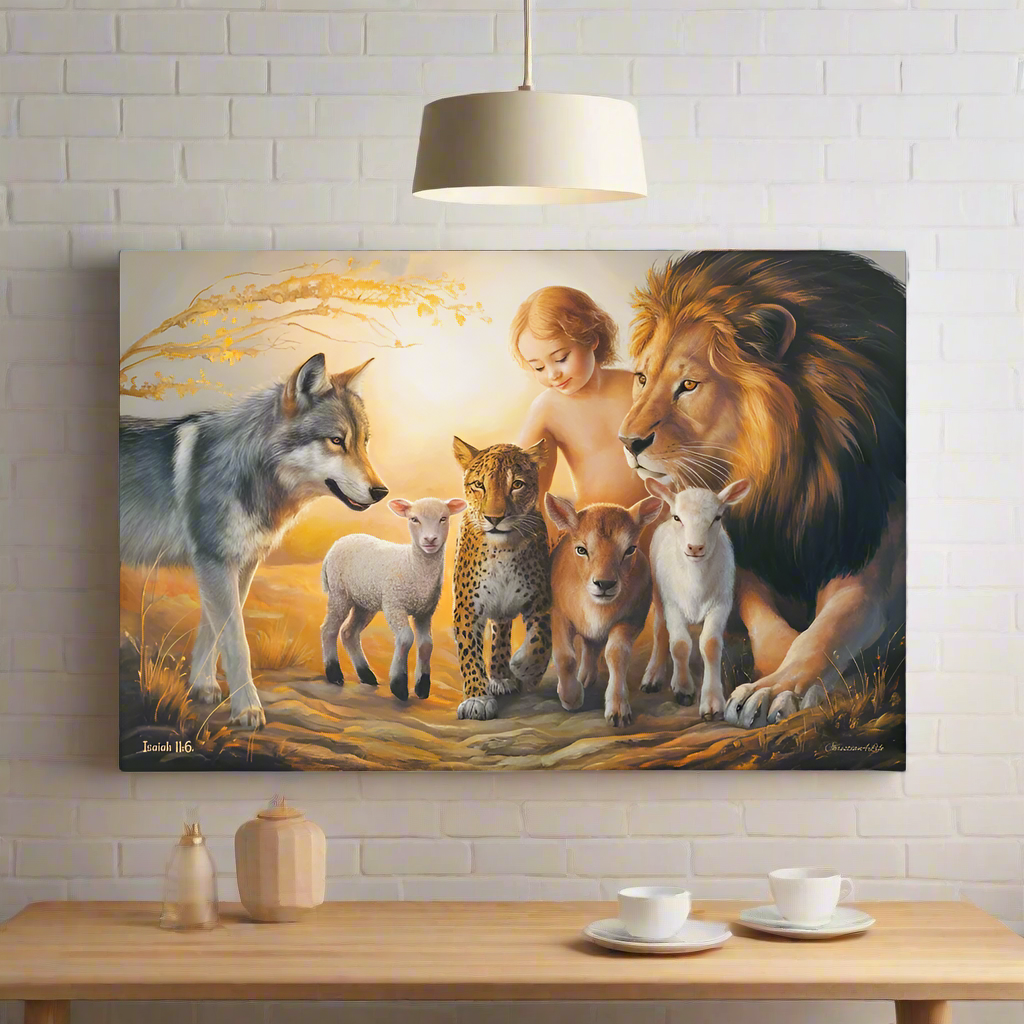 Canvas print of a group of animals including a lion, wolf, and sheep on a wall above a wooden table.