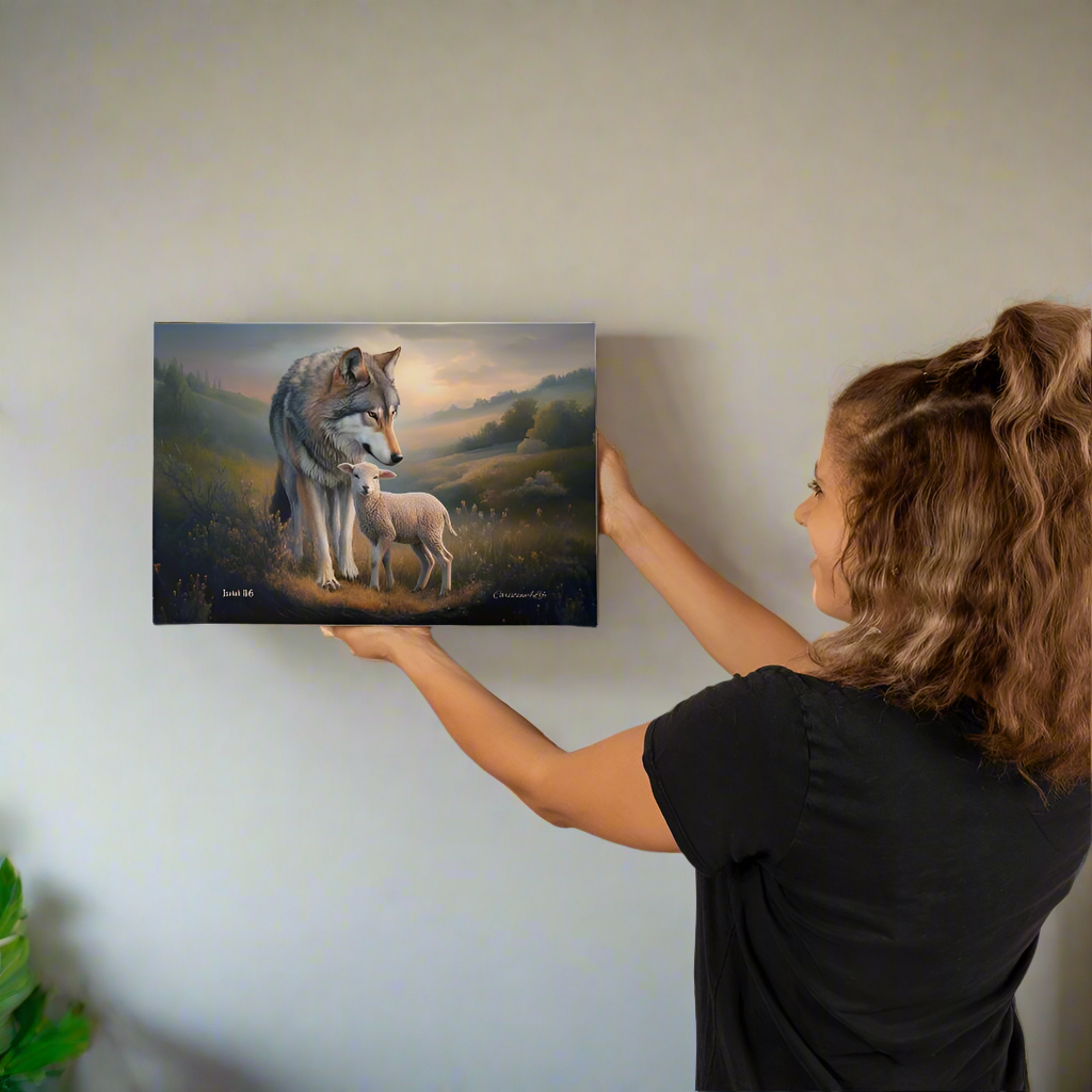 Wolf and Lamb Christian Wall Art Gallery Wrapped Canvas Isaiah 11:6 - 18’’ x 12’’ - Canvas