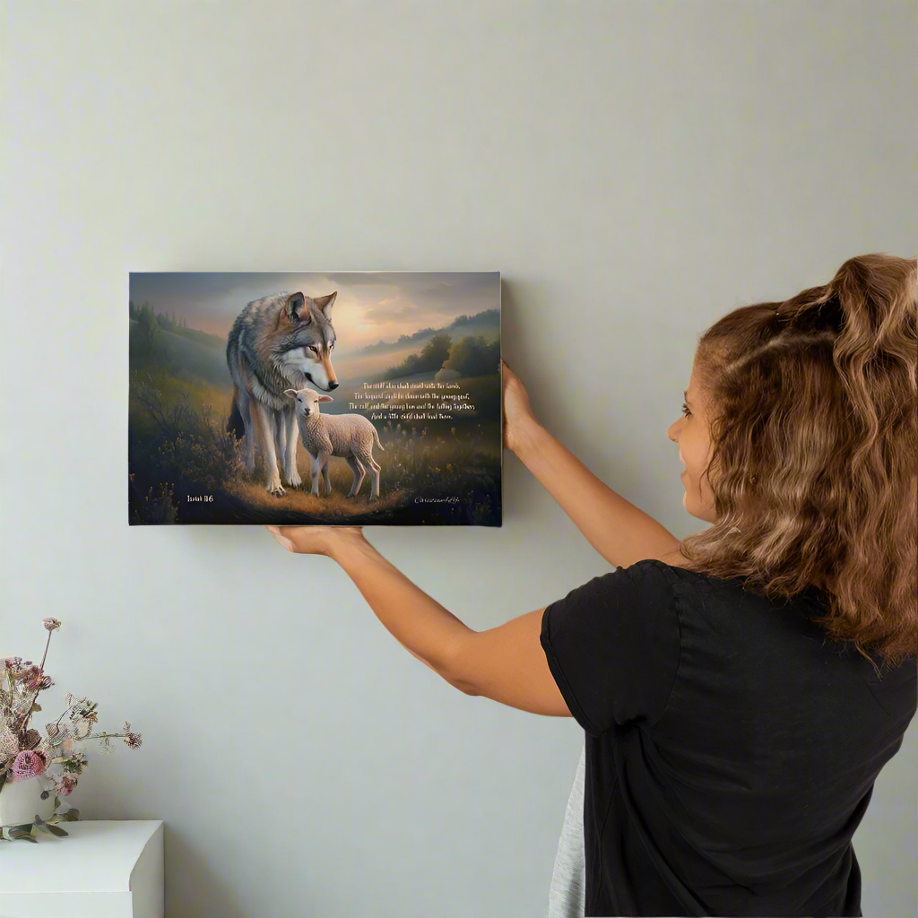 Wolf and Lamb Christian Wall Art Gallery Wrapped Canvas with Isaiah 11:6 Quote - 18’’ x 12’’ - Canvas