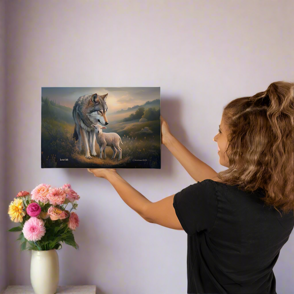 Wolf and Lamb Christian Wall Art Gallery Wrapped Canvas Isaiah 11:6 - Canvas