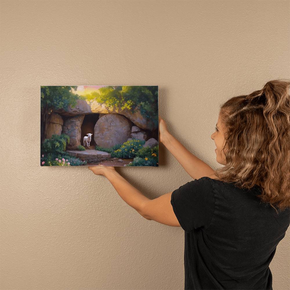 He is Risen Tomb and Lamb Christian Wall Art Wrapped Canvas Easter 18’’ x 12’’ 30’’ x 20’’ or 36’’ x 24’’ - Canvas