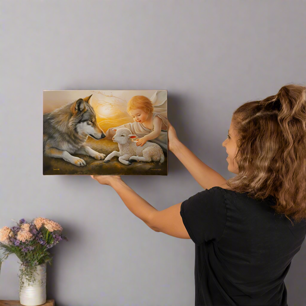 Wolf and Lamb Gallery Wrapped Christian Wall Art Canvas - 18’’ x 12’’ - Canvas