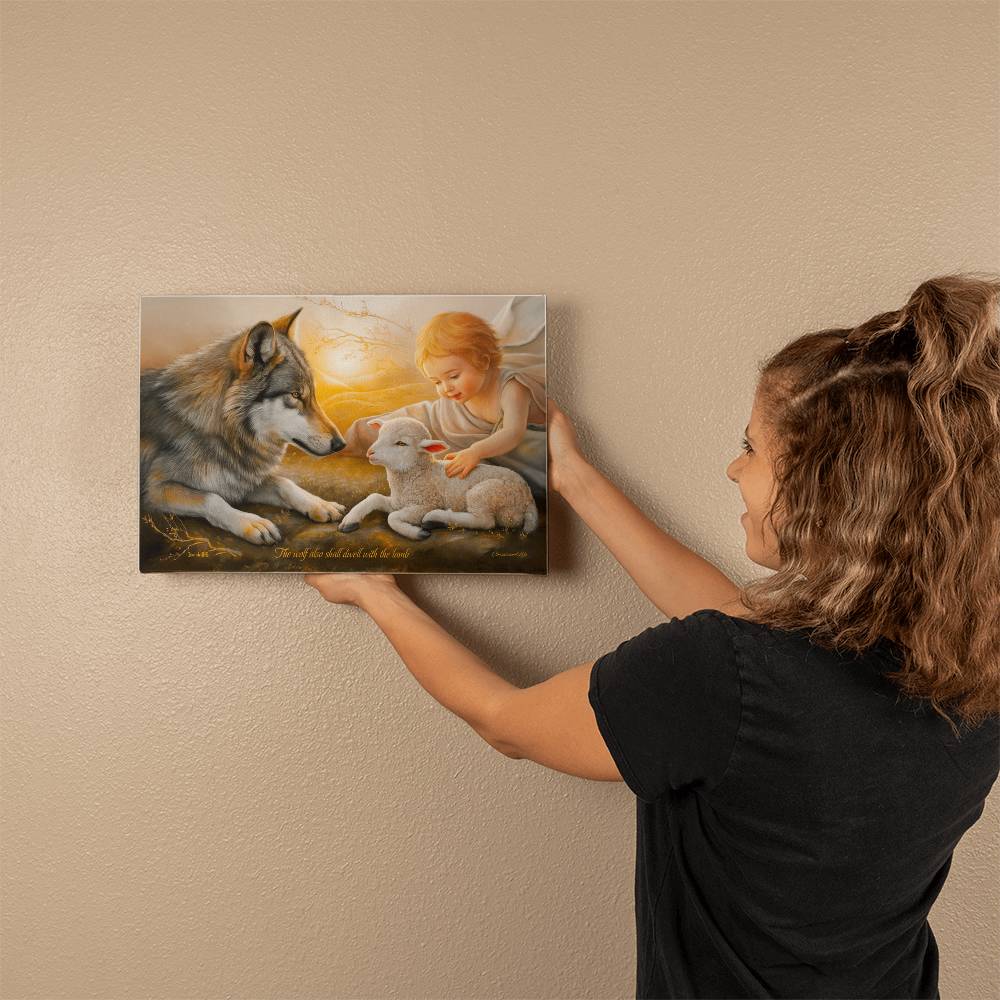 Wolf Lamb and Child Gallery Wrapped Christian Wall Art Canvas with Quote - Canvas