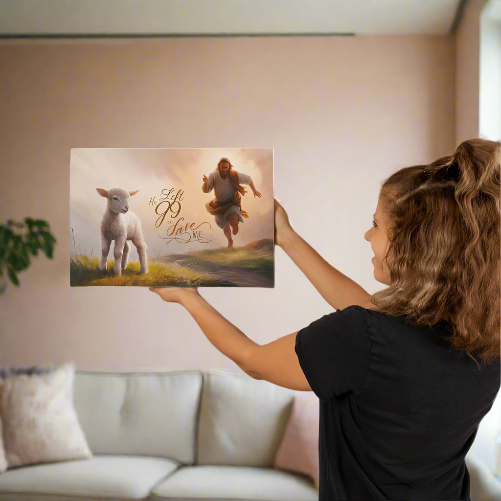’He Left 99 to Save Me’ Oil style Gallery Wrapped Christian Wall Art Canvas (3:2) - 18’’ x 12’’ - Canvas