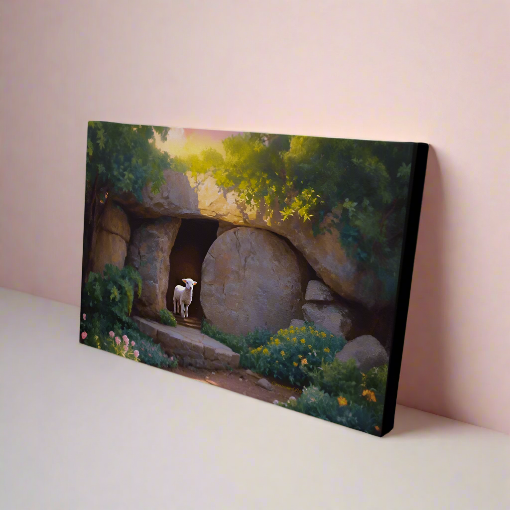 He is Risen Tomb and Lamb Christian Wall Art Wrapped Canvas Easter 18’’ x 12’’ 30’’ x 20’’ or 36’’ x 24’’ - Canvas