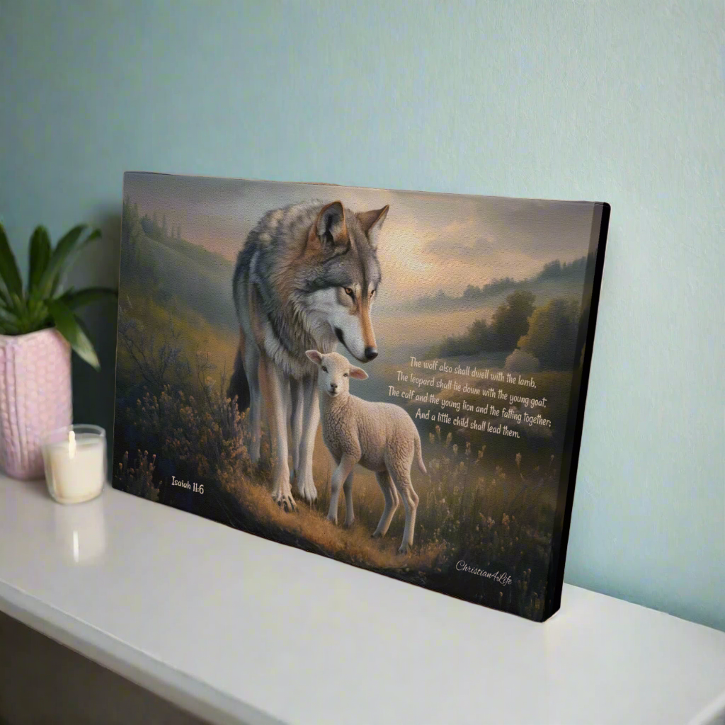 Wolf and Lamb Christian Wall Art Gallery Wrapped Canvas with Isaiah 11:6 Quote - Canvas