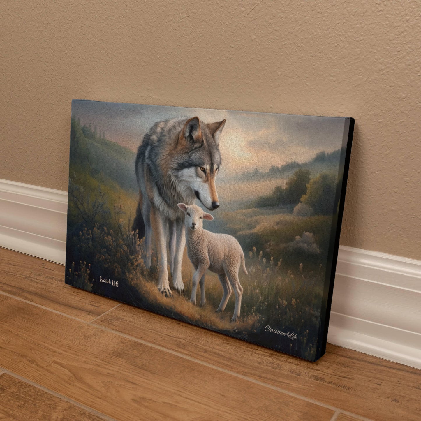 Wolf and Lamb Christian Wall Art Gallery Wrapped Canvas Isaiah 11:6 - Canvas