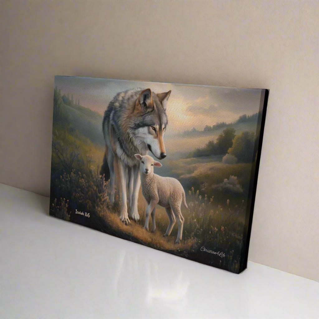 Wolf and Lamb Christian Wall Art Gallery Wrapped Canvas Isaiah 11:6 - Canvas