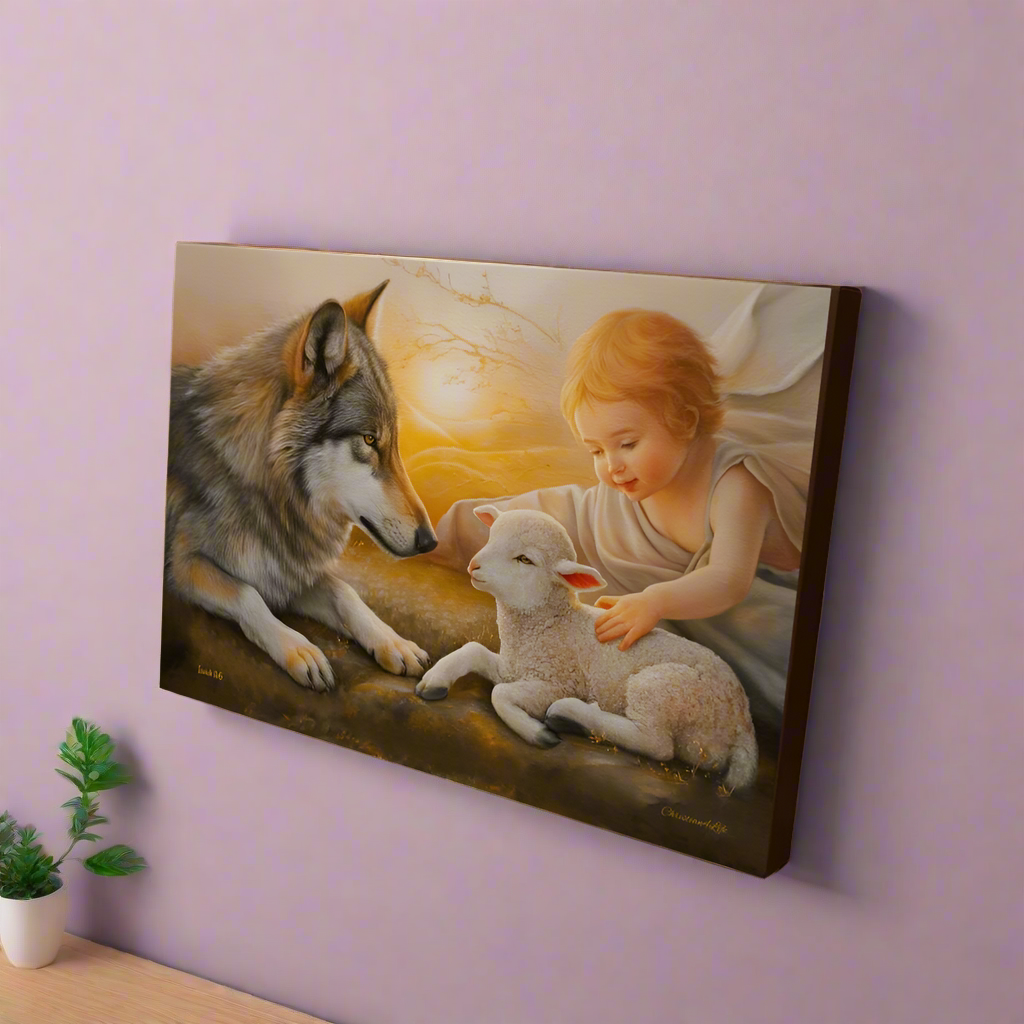 Wolf and Lamb Gallery Wrapped Christian Wall Art Canvas - Canvas