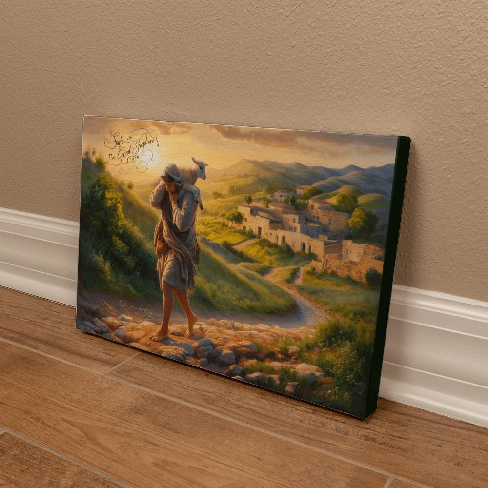 ’Safe in the Good Shepherd’s care’ Gallery Wrapped Christian Wall Art Canvas (3:2)