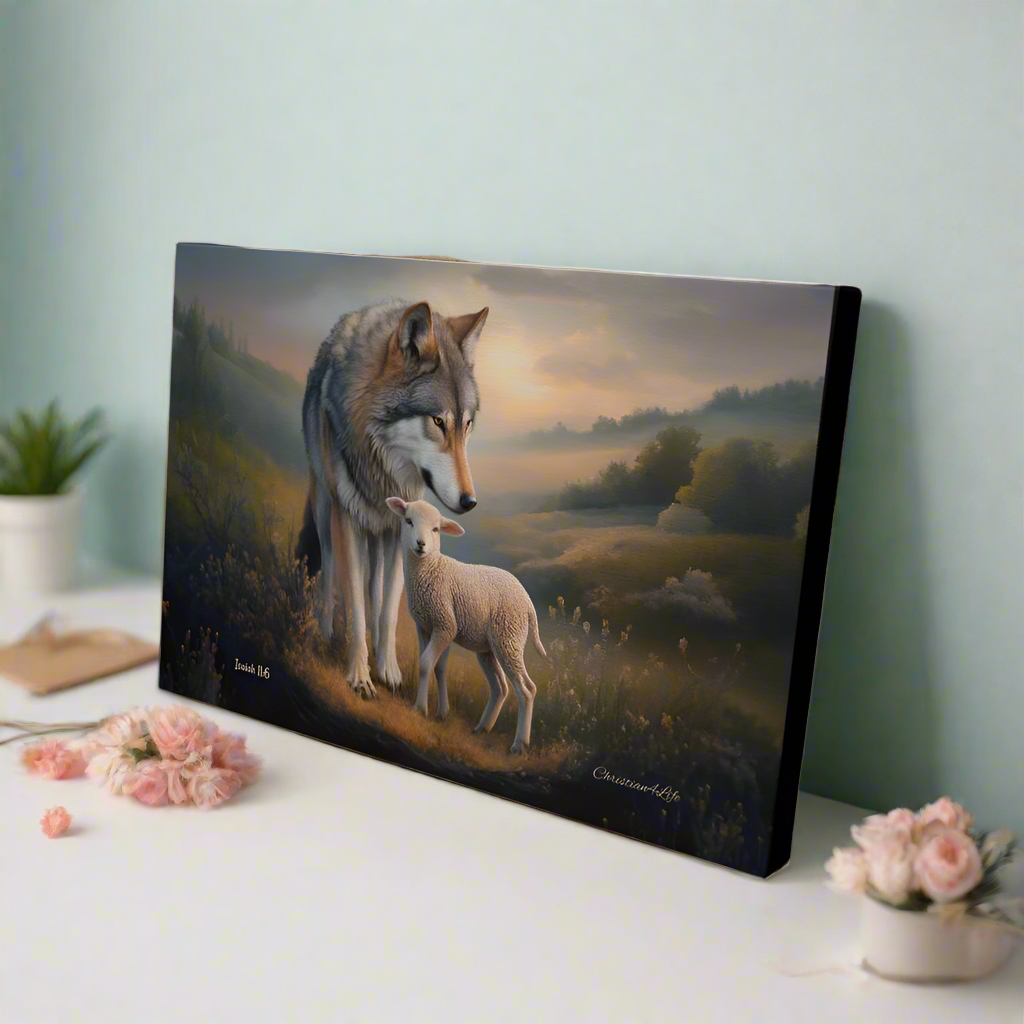 Wolf and Lamb Christian Wall Art Gallery Wrapped Canvas Isaiah 11:6 - Canvas