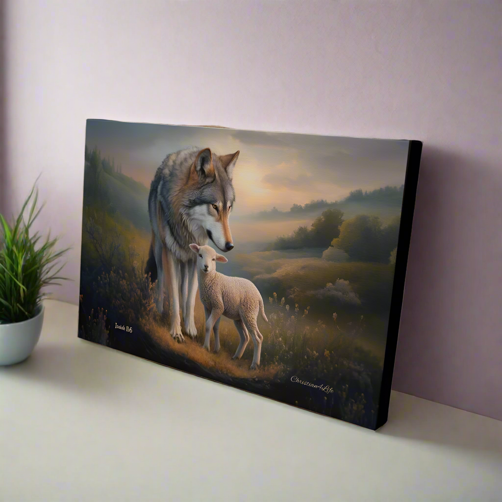 Wolf and Lamb Christian Wall Art Gallery Wrapped Canvas Isaiah 11:6 - Canvas
