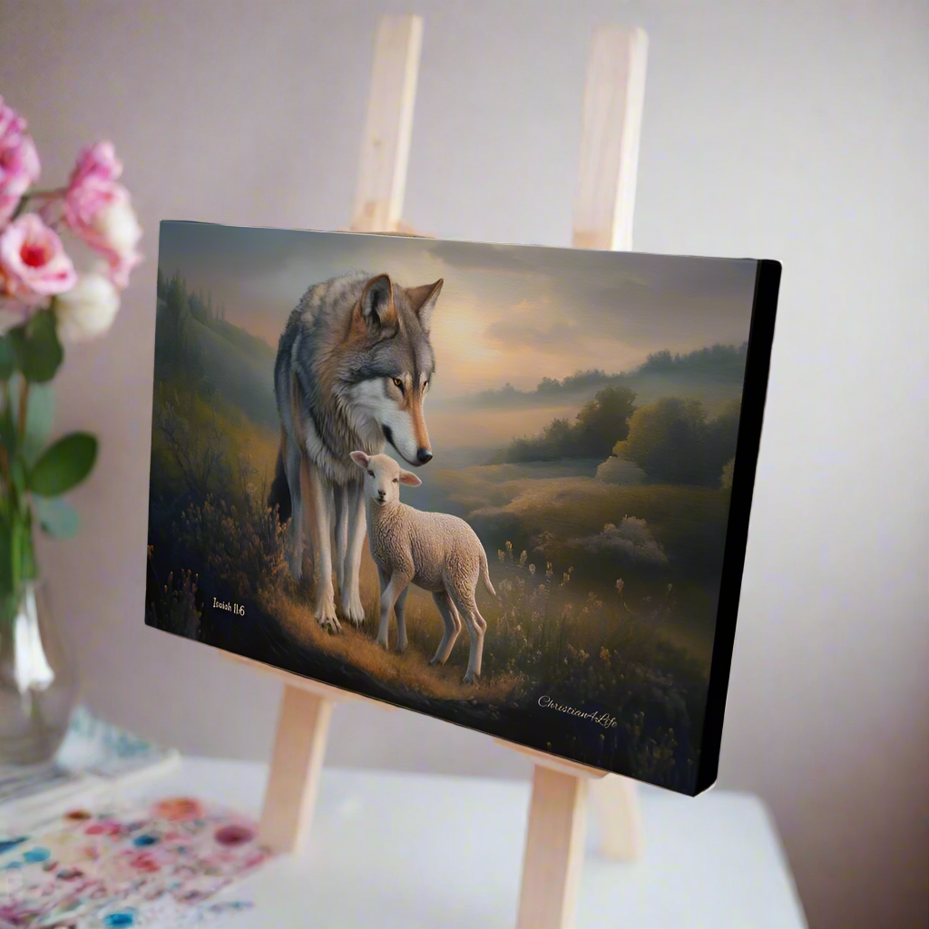 Wolf and Lamb Christian Wall Art Gallery Wrapped Canvas Isaiah 11:6 - Canvas