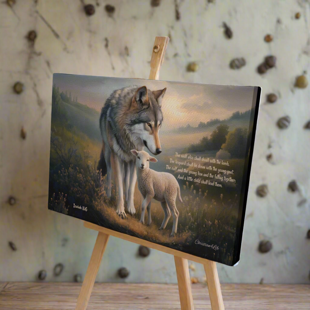 Wolf and Lamb Christian Wall Art Gallery Wrapped Canvas with Isaiah 11:6 Quote - Canvas