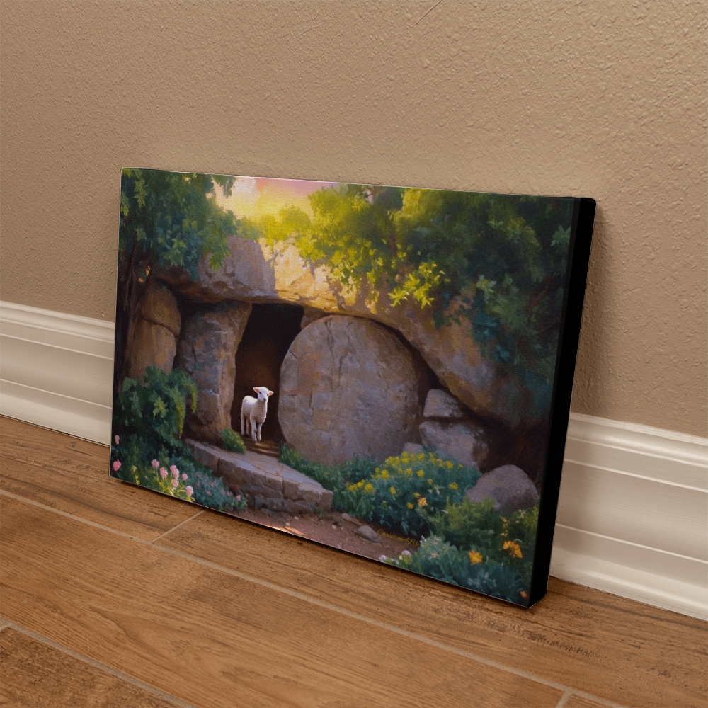 He is Risen Tomb and Lamb Christian Wall Art Wrapped Canvas Easter 18’’ x 12’’ 30’’ x 20’’ or 36’’ x 24’’ - Canvas