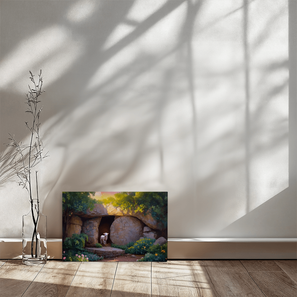 He is Risen Tomb and Lamb Christian Wall Art Wrapped Canvas Easter 18’’ x 12’’ 30’’ x 20’’ or 36’’ x 24’’ - Canvas