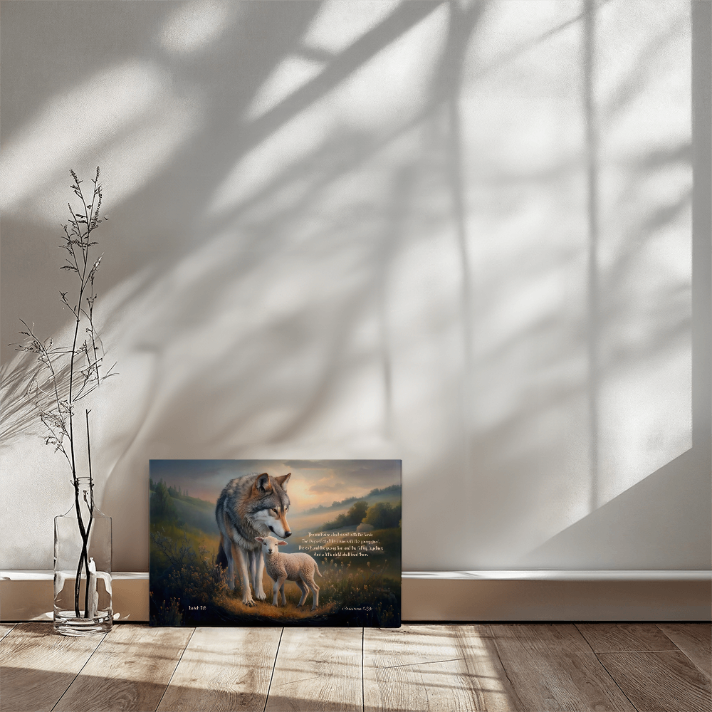 Wolf and Lamb Christian Wall Art Gallery Wrapped Canvas with Isaiah 11:6 Quote - Canvas