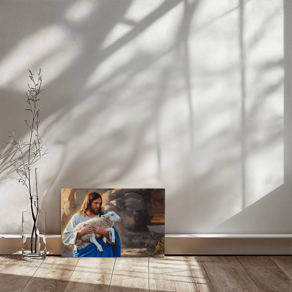 Shepherd holding sheep - Beautiful Gallery Wrapped Christian Wall Art Canvas