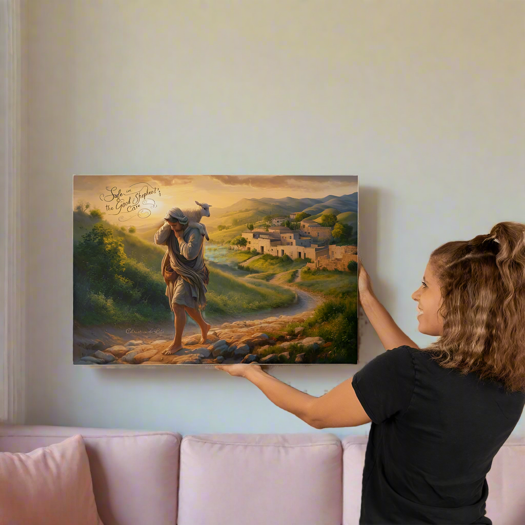 ’Safe in the Good Shepherd’s care’ Gallery Wrapped Christian Wall Art Canvas (3:2)