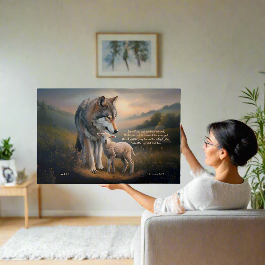 Wolf and Lamb, Christian Wall Art, Gallery Wrapped Canvas, with Isaiah 11:6 Quote