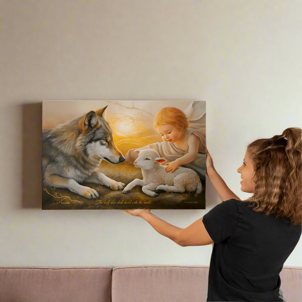 Wolf Lamb and Child Gallery Wrapped Christian Wall Art Canvas with Quote - 30’’ x 20’’ - Canvas
