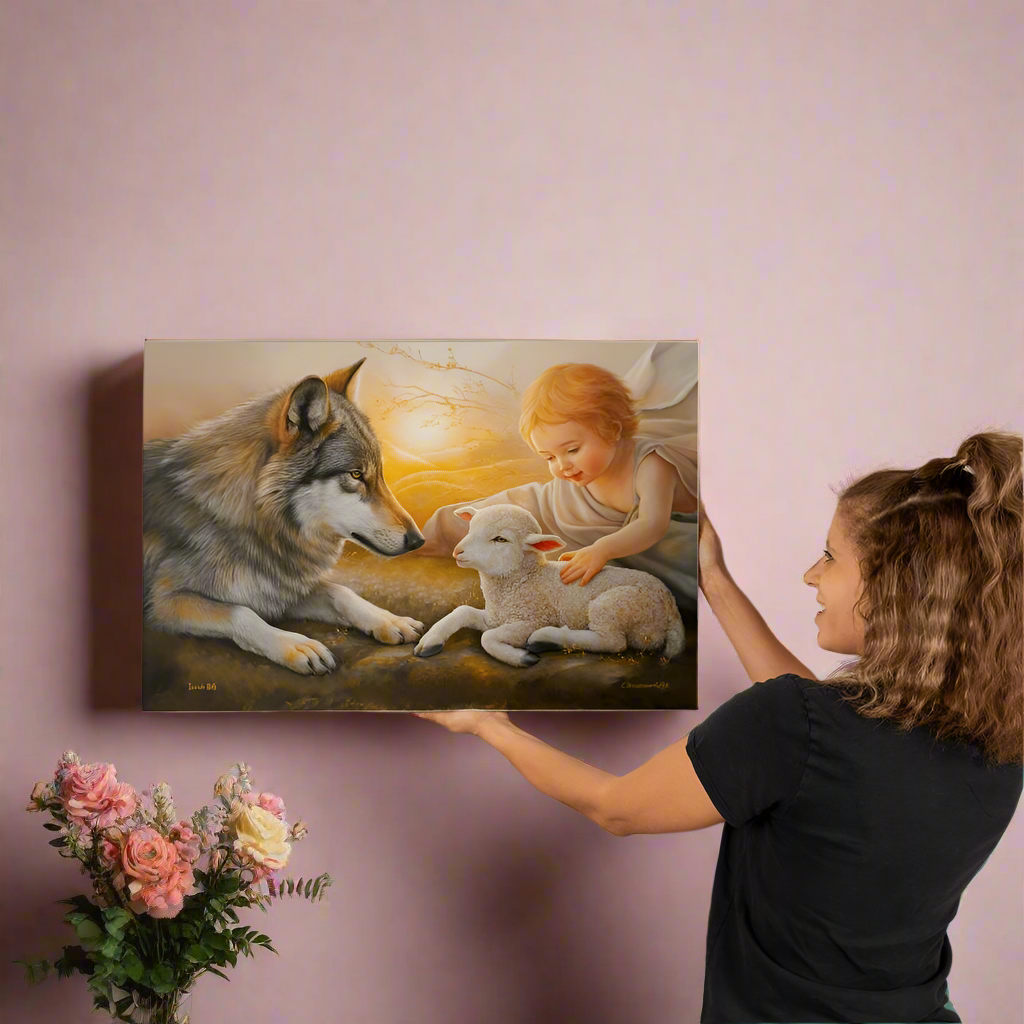 Wolf and Lamb Gallery Wrapped Christian Wall Art Canvas - 30’’ x 20’’ - Canvas
