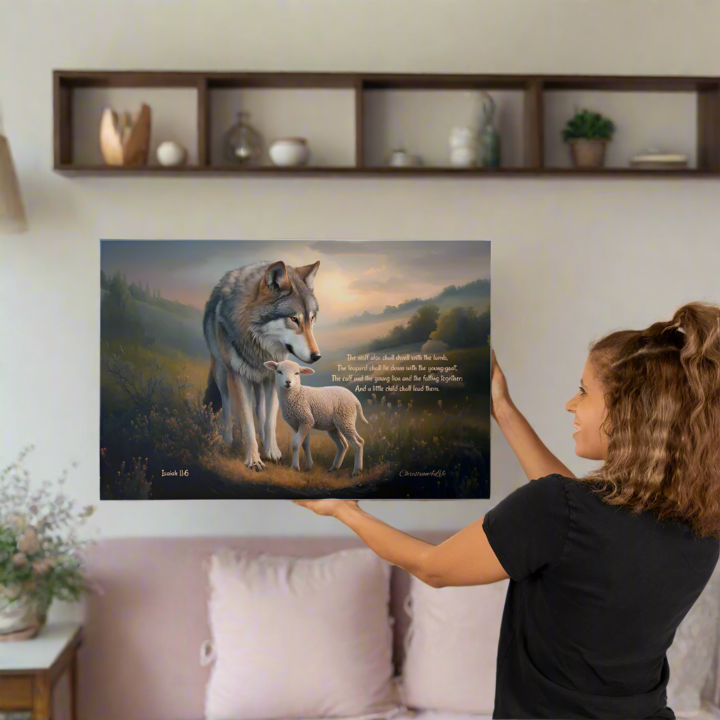 Wolf and Lamb Christian Wall Art Gallery Wrapped Canvas with Isaiah 11:6 Quote - 30’’ x 20’’ - Canvas