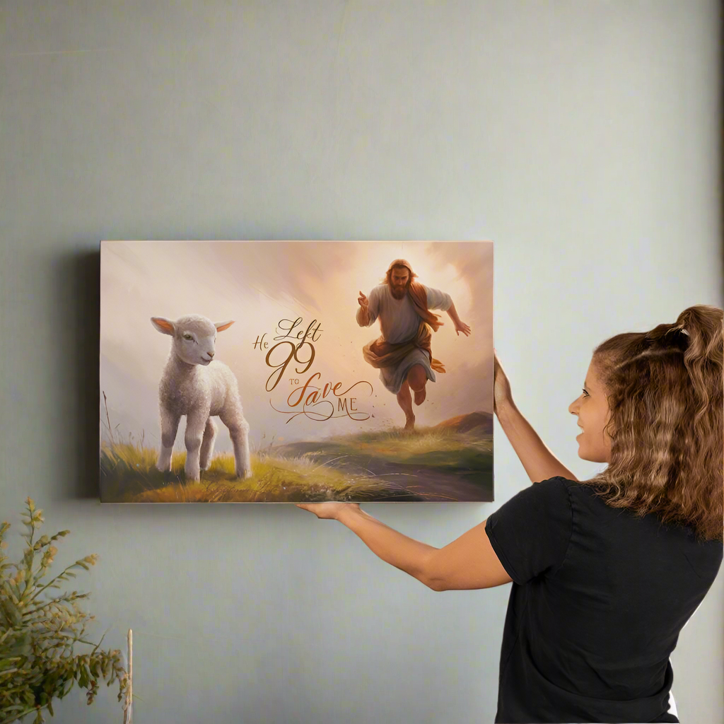 ’He Left 99 to Save Me’ Oil style Gallery Wrapped Christian Wall Art Canvas (3:2) - 30’’ x 20’’ - Canvas