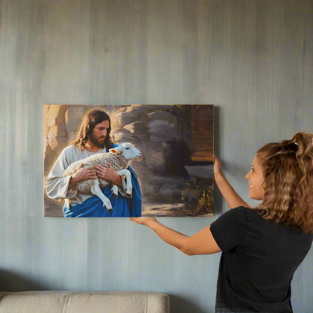 Shepherd holding sheep - Beautiful Gallery Wrapped Christian Wall Art Canvas