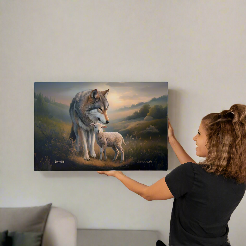 Wolf and Lamb Christian Wall Art Gallery Wrapped Canvas Isaiah 11:6 - 30’’ x 20’’ - Canvas