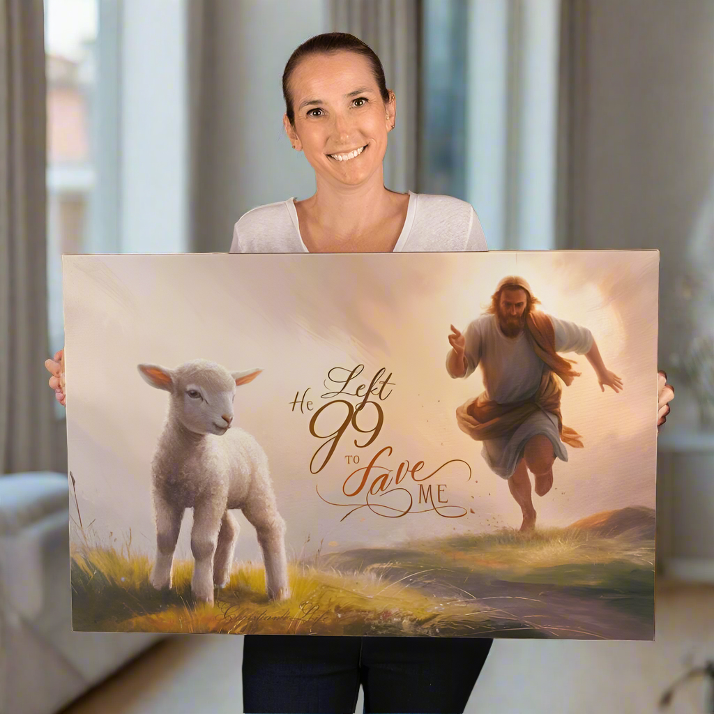 ’He Left 99 to Save Me’ Oil style Gallery Wrapped Christian Wall Art Canvas (3:2) - Canvas