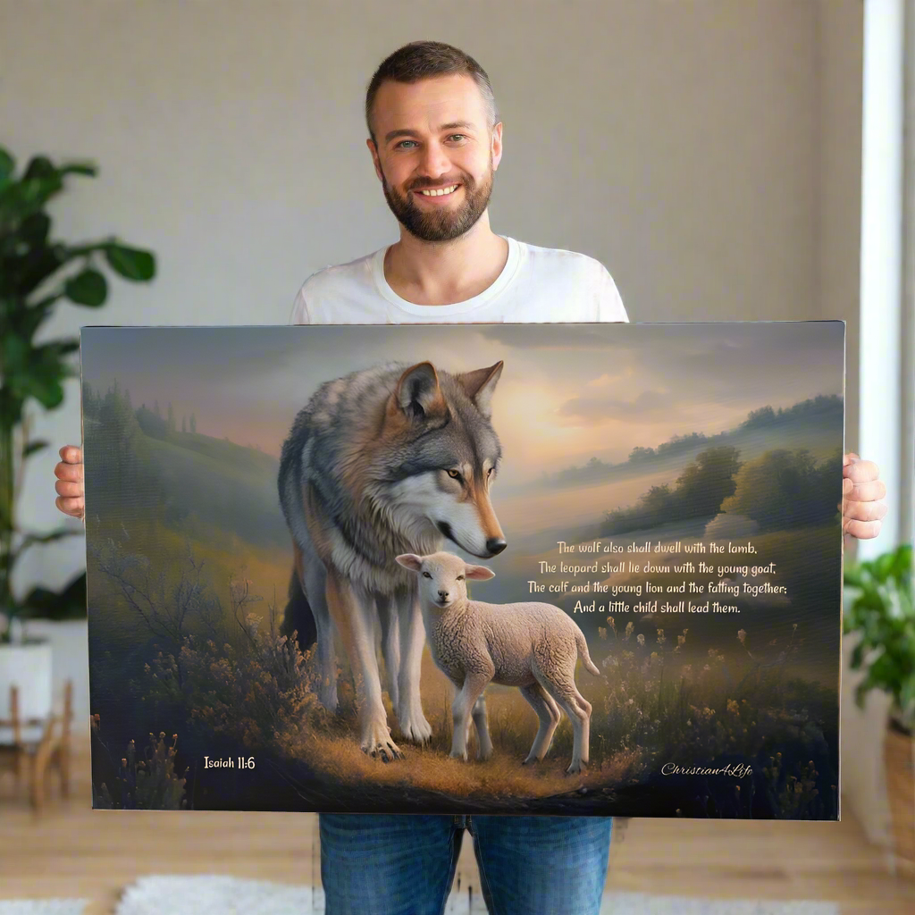 Wolf and Lamb, Christian Wall Art, Gallery Wrapped Canvas, with Isaiah 11:6 Quote
