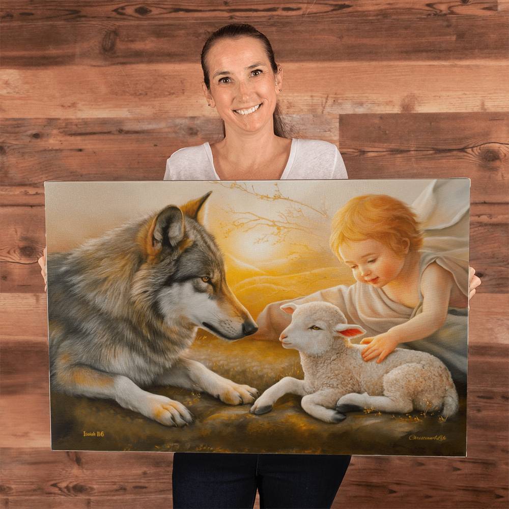 Wolf and Lamb Gallery Wrapped Christian Wall Art Canvas - Canvas