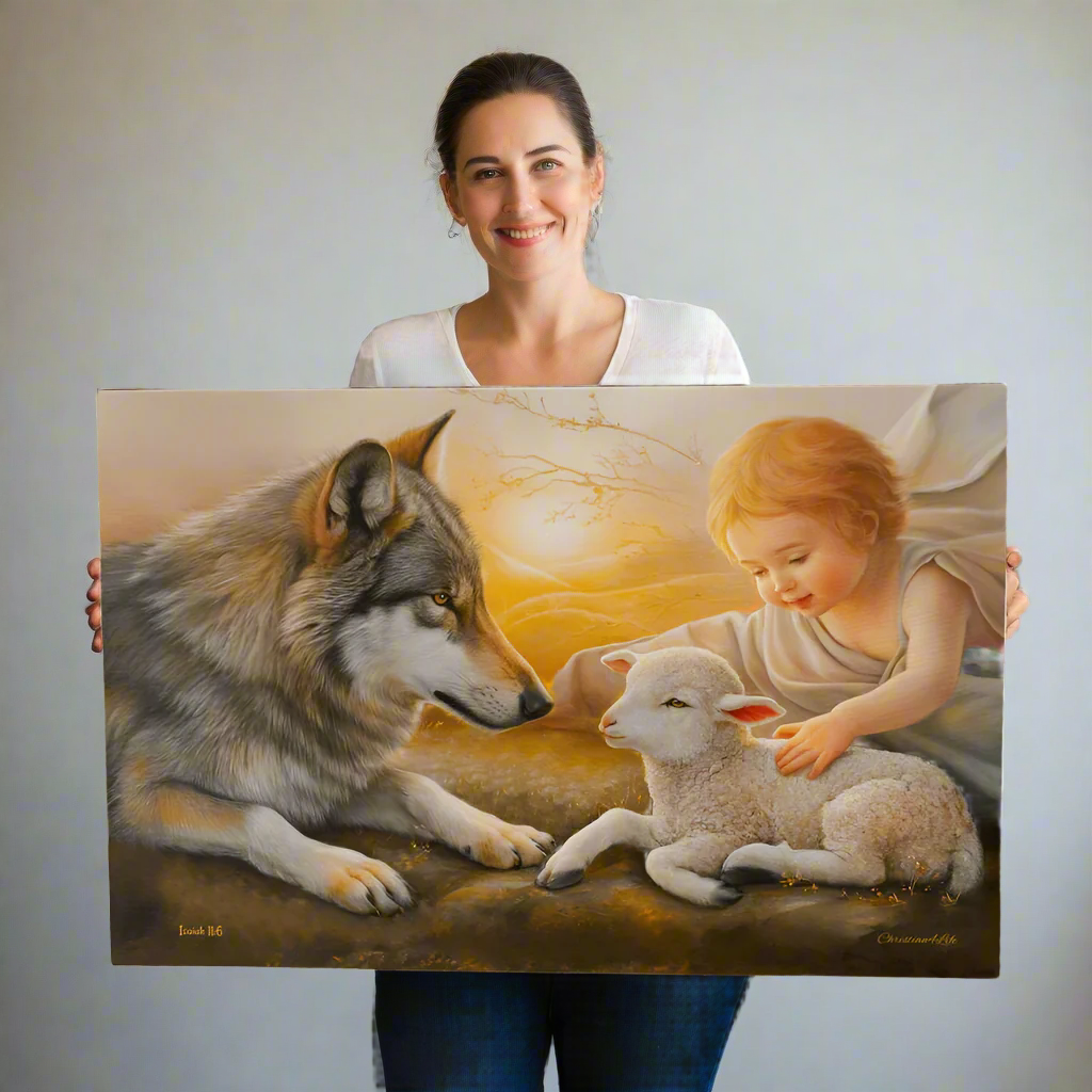 Wolf and Lamb Gallery Wrapped Christian Wall Art Canvas - Canvas