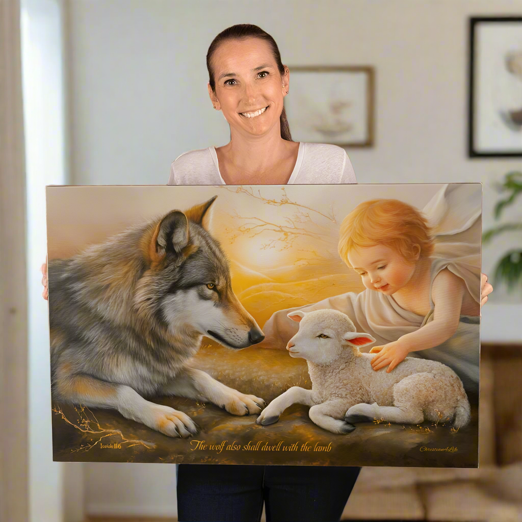 Wolf Lamb and Child Gallery Wrapped Christian Wall Art Canvas with Quote - Canvas