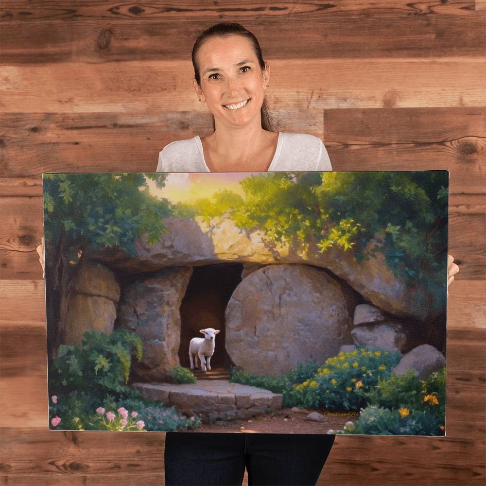 He is Risen Tomb and Lamb Christian Wall Art Wrapped Canvas Easter 18’’ x 12’’ 30’’ x 20’’ or 36’’ x 24’’ - Canvas