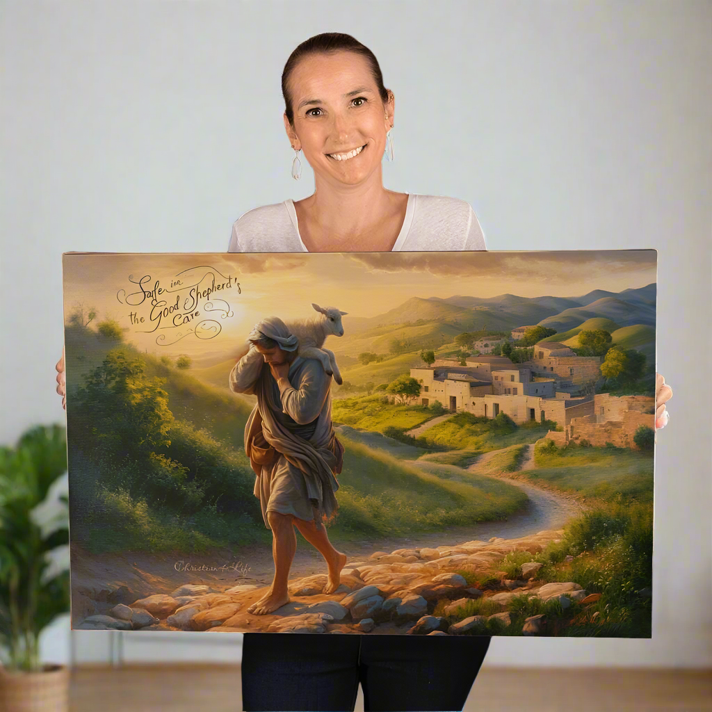 ’Safe in the Good Shepherd’s care’ Gallery Wrapped Christian Wall Art Canvas (3:2)