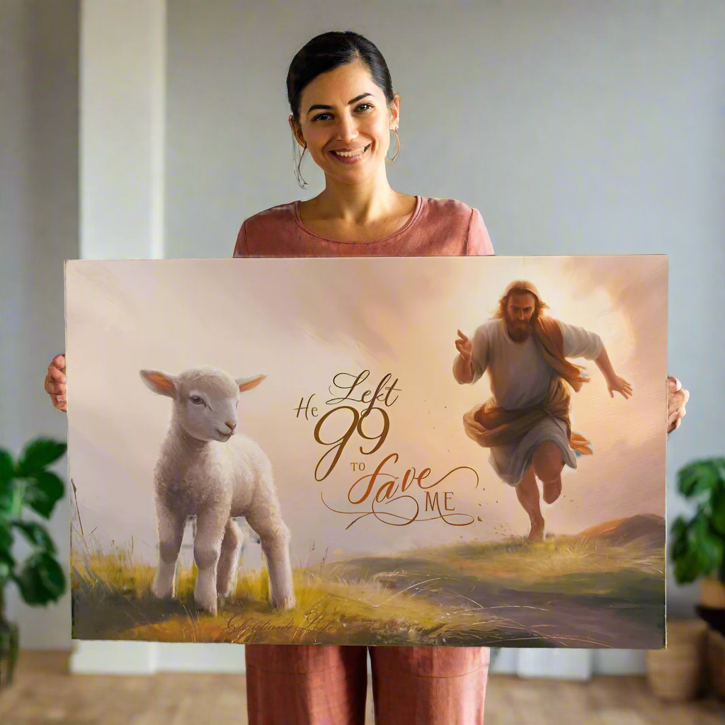 ’He Left 99 to Save Me’ Oil style Gallery Wrapped Christian Wall Art Canvas (3:2) - Canvas