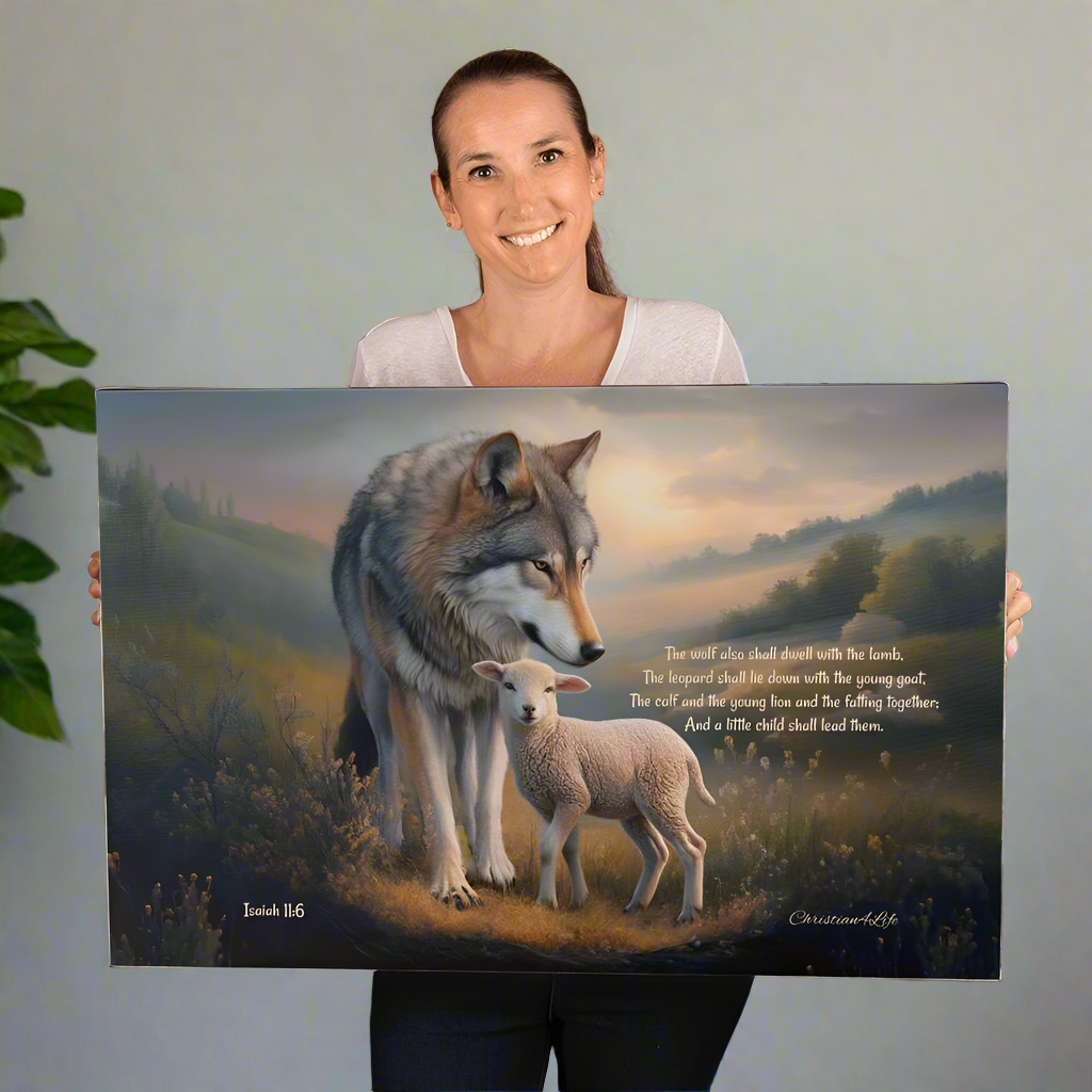 Wolf and Lamb Christian Wall Art Gallery Wrapped Canvas with Isaiah 11:6 Quote - Canvas