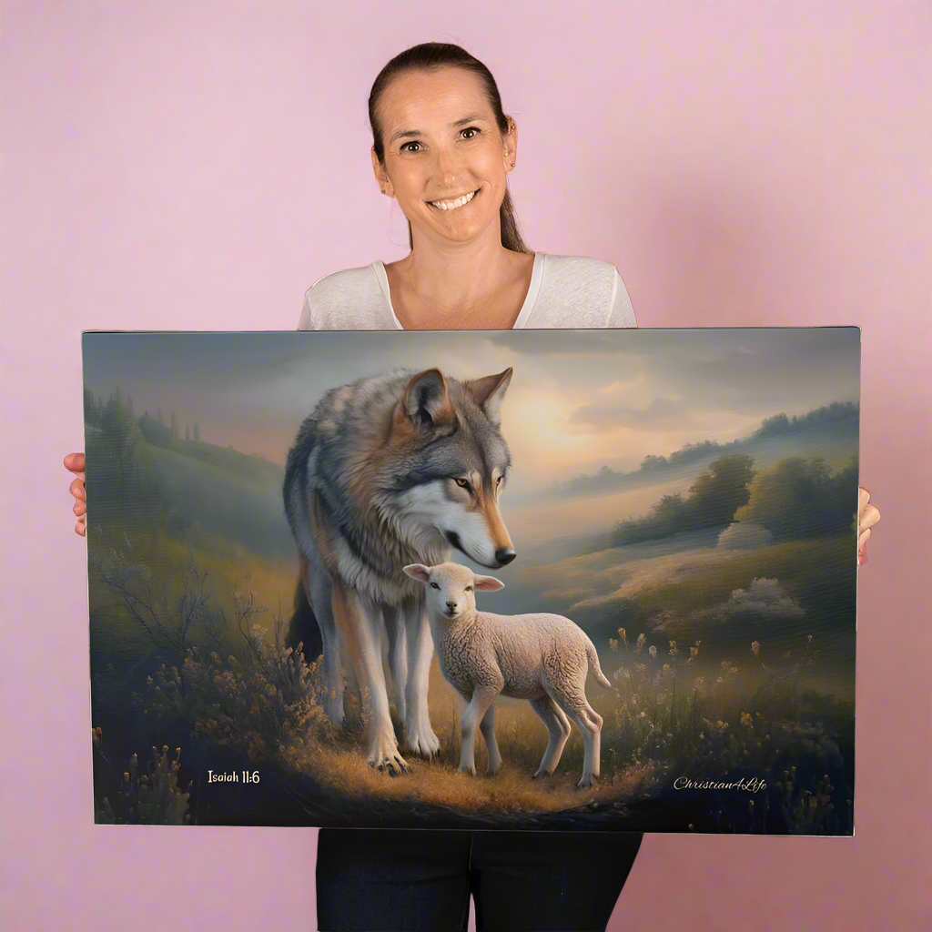 Wolf and Lamb Christian Wall Art Gallery Wrapped Canvas Isaiah 11:6 - Canvas