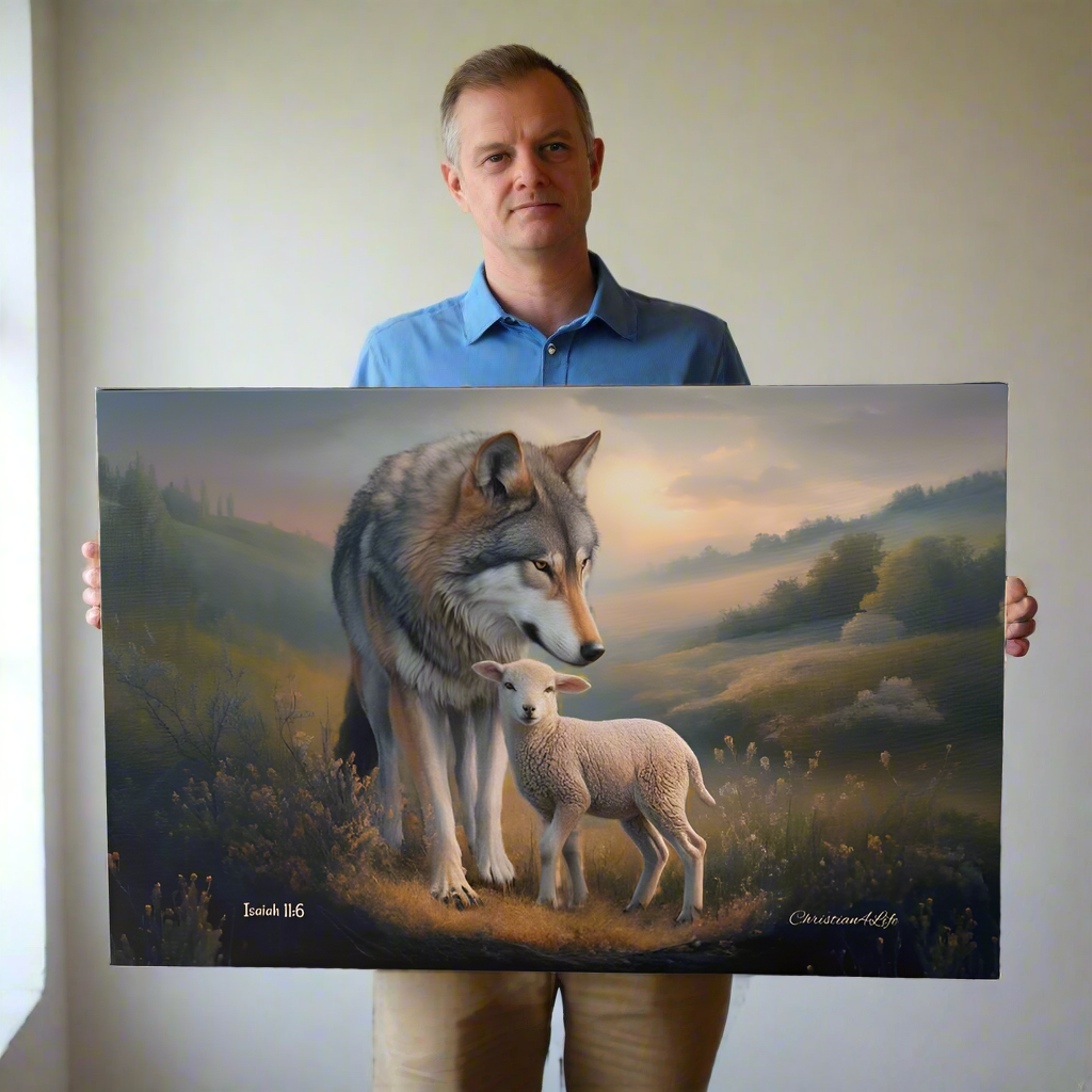 Man holding a painting of a wolf and a lamb in a pastoral setting