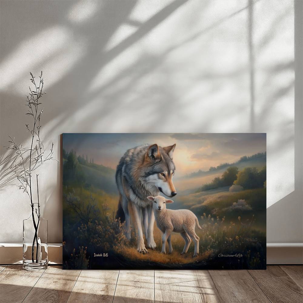 Wolf and Lamb Christian Wall Art Gallery Wrapped Canvas Isaiah 11:6 - Canvas