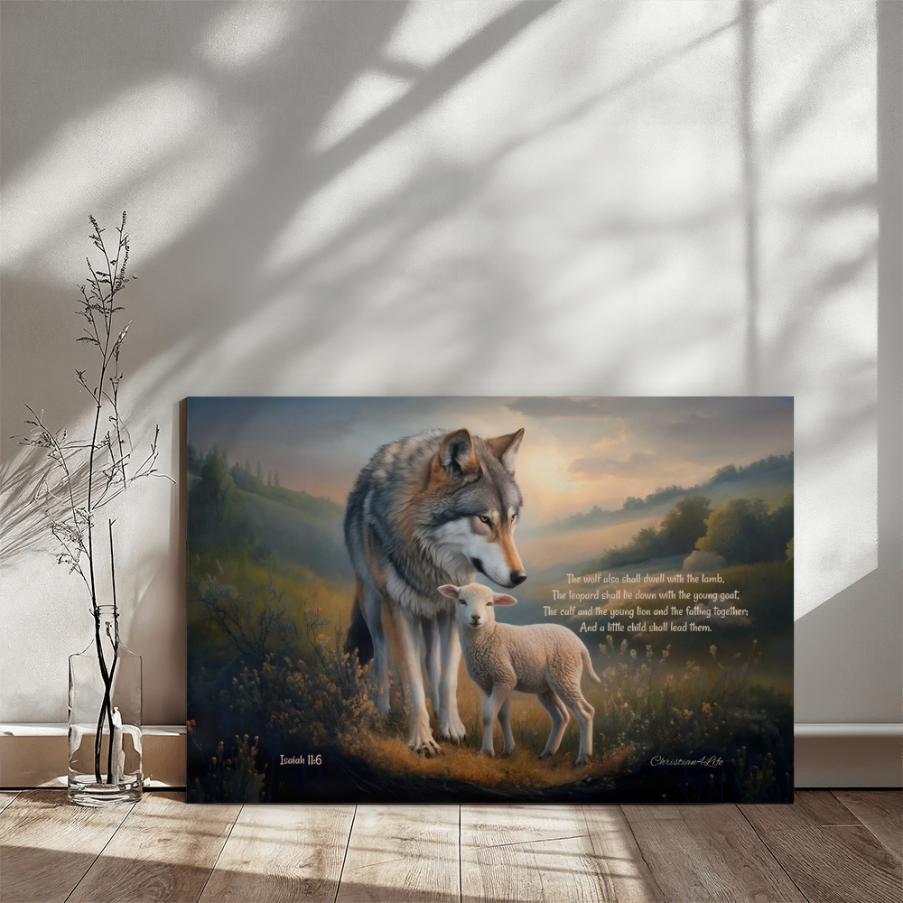 Wolf and Lamb Christian Wall Art Gallery Wrapped Canvas with Isaiah 11:6 Quote - Canvas