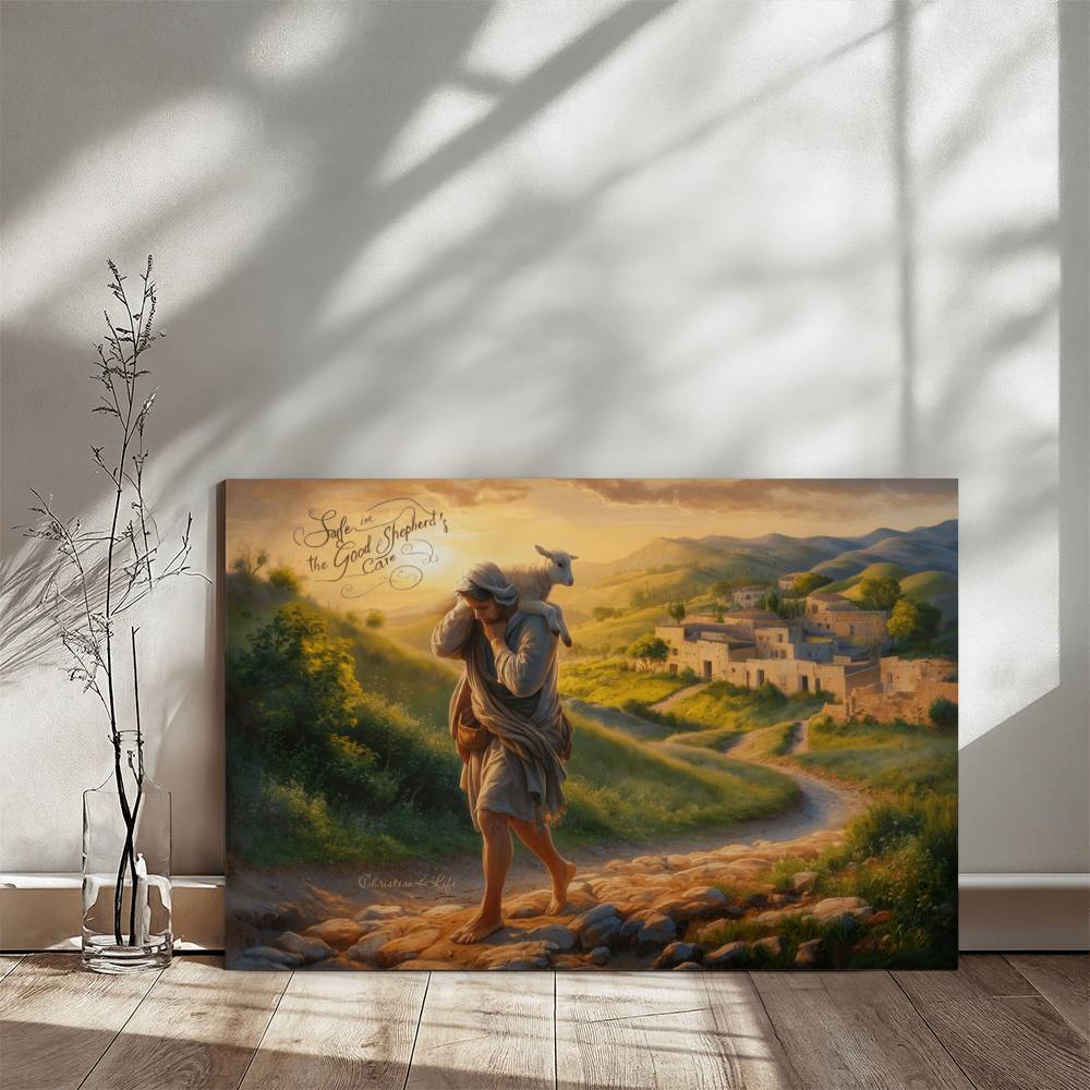 ’Safe in the Good Shepherd’s care’ Gallery Wrapped Christian Wall Art Canvas (3:2)