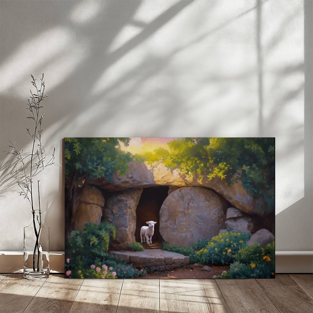 He is Risen Tomb and Lamb Christian Wall Art Wrapped Canvas Easter 18’’ x 12’’ 30’’ x 20’’ or 36’’ x 24’’ - Canvas