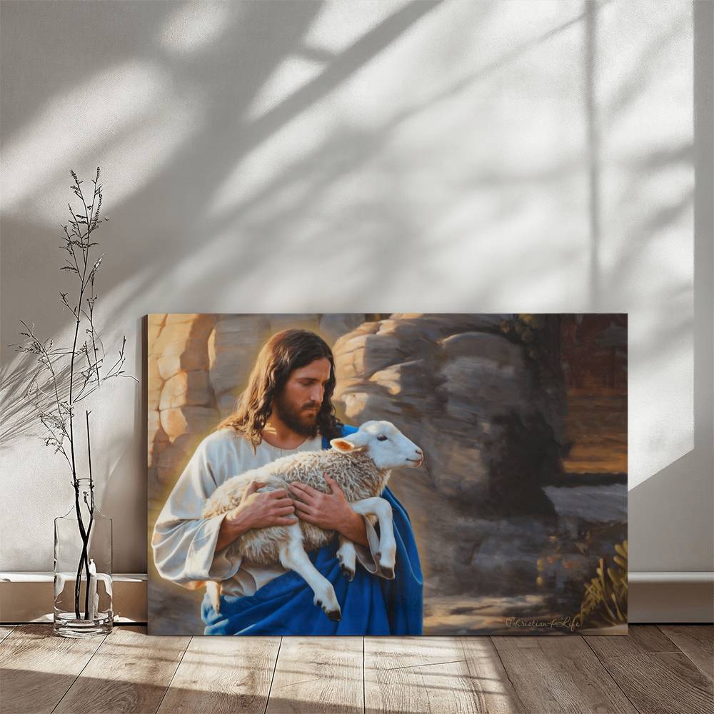 Shepherd holding sheep - Beautiful Gallery Wrapped Christian Wall Art Canvas