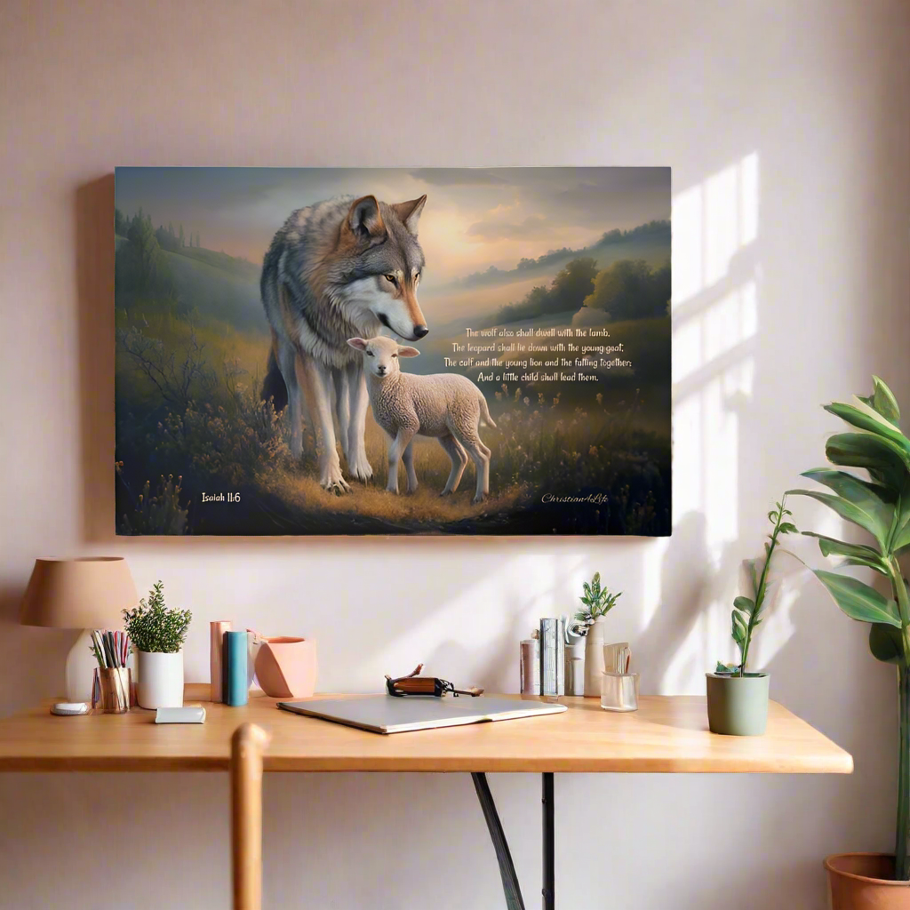 Wolf and Lamb Christian Wall Art Gallery Wrapped Canvas with Isaiah 11:6 Quote - Canvas