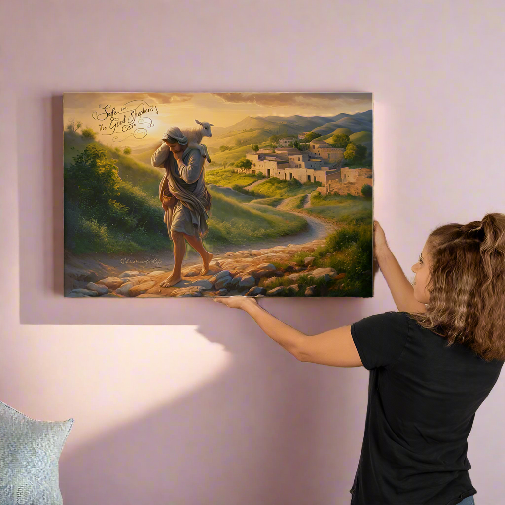 ’Safe in the Good Shepherd’s care’ Gallery Wrapped Christian Wall Art Canvas (3:2)